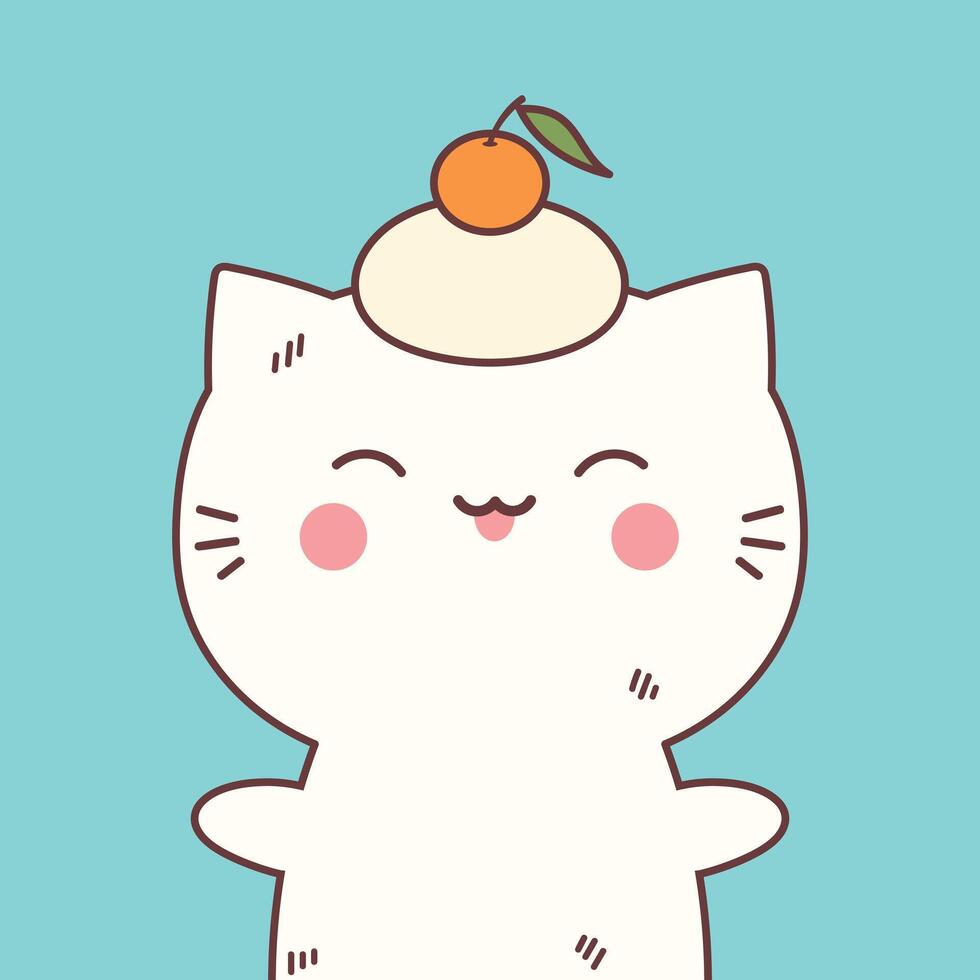 Cute kawaii cat with kagami mochi dessert on the head. Traditional Japanese New year food rice cake vector