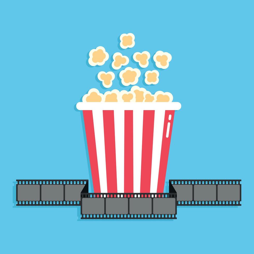 Popcorn bucket in film strip. Movie icon in flat style vector