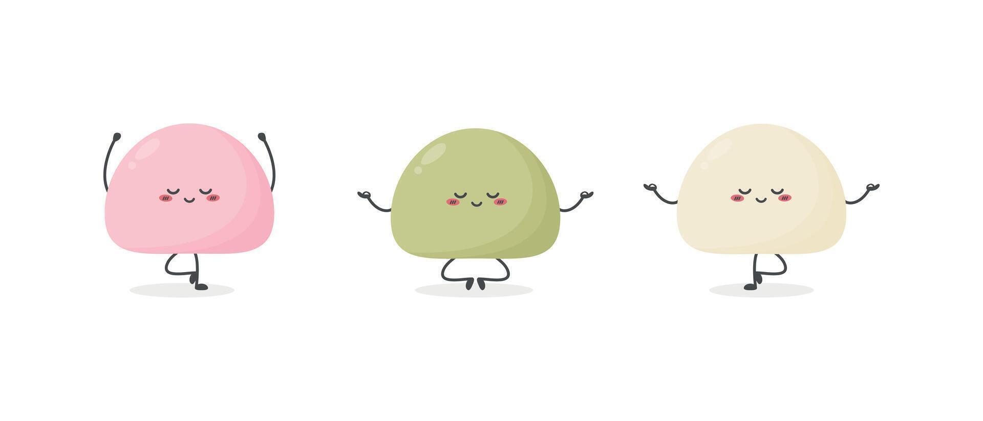 Three cute cartoon mochi characters doing yoga. Japanese sweet rice cake dessert vector