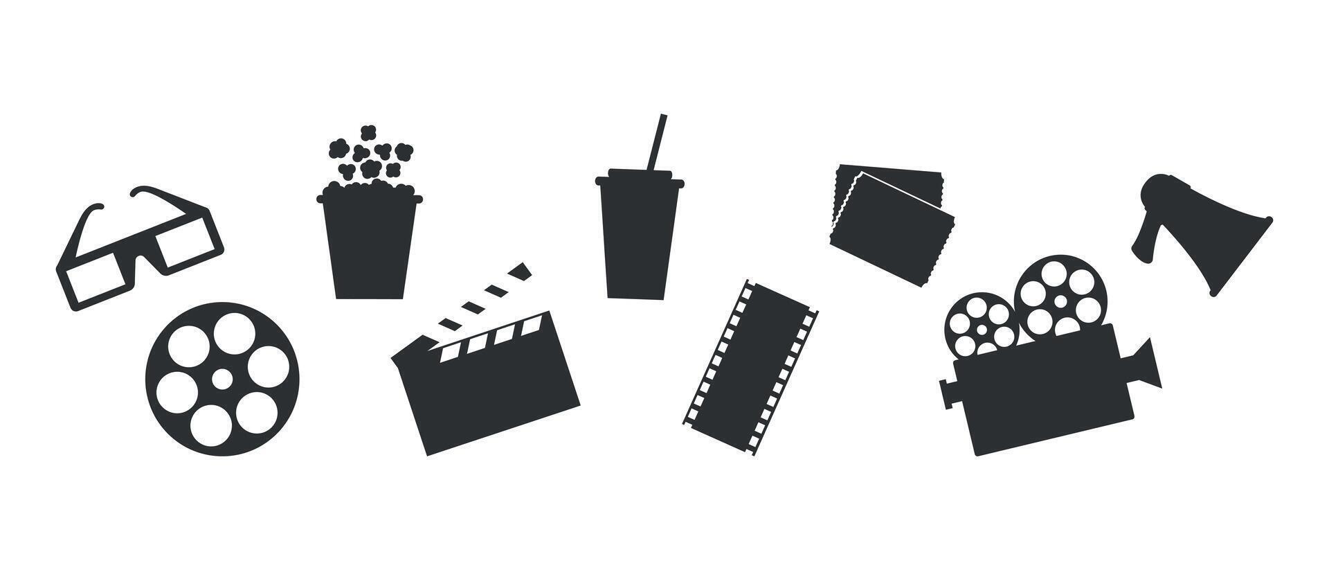 Cinema movie icons silhouettes. camera, 3D glasses, film reel, clapperboard, film strip, popcorn, soda, cinema tickets and megaphone vector