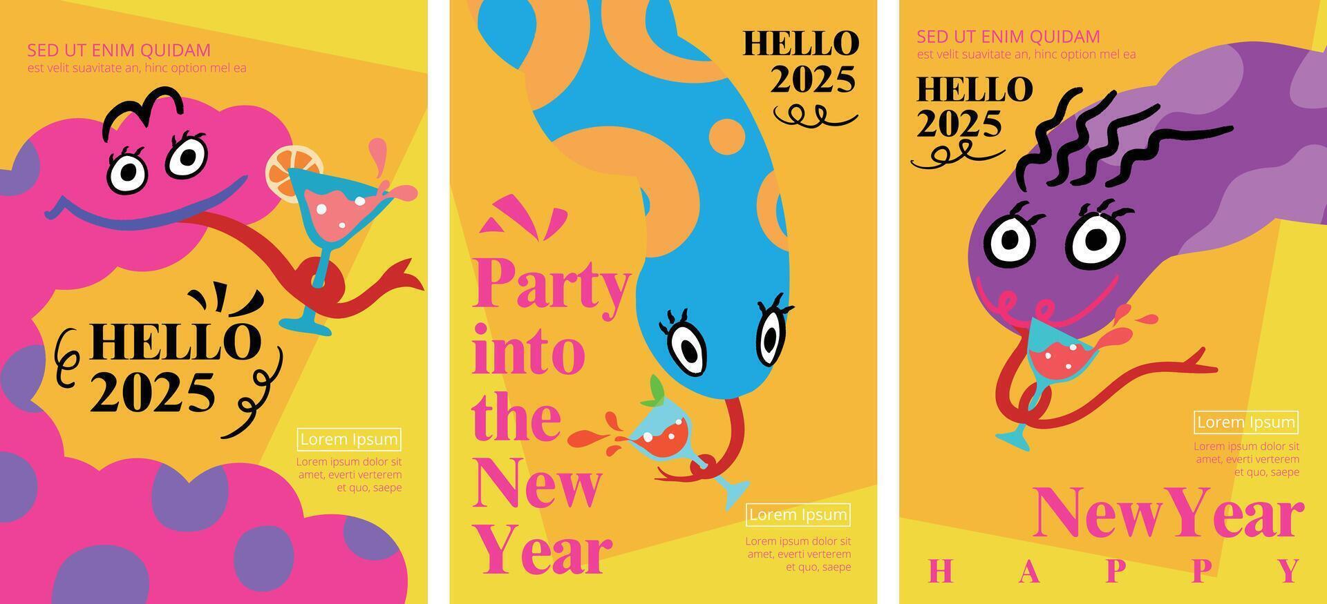 Set of vibrant New Year 2025 posters with cartoon snake characters, cocktails, and festive typography on bright backgrounds, for cover, card, poster, banner Template. vector