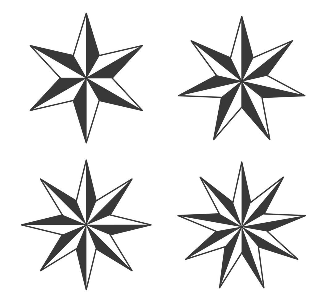 Nautical star icon symbol set. 6, 7, 8 and 9 horns nautical stars logo sign collection. Wind rose. illustration. Isolated on white background. vector