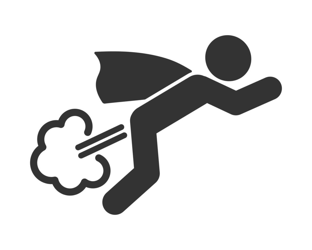 Stick man super hero Farting icon symbol. Humor hero power fart blowing wind sign logo. Human figure flying like rocket jet. illustration image. Isolated on white background. vector