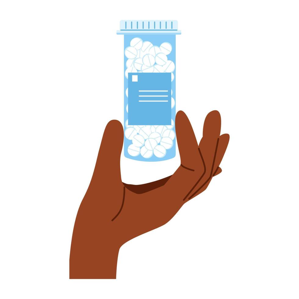 Medication and prescription concept. Close up of an african american hand hold a bottle of pills for treatment vector