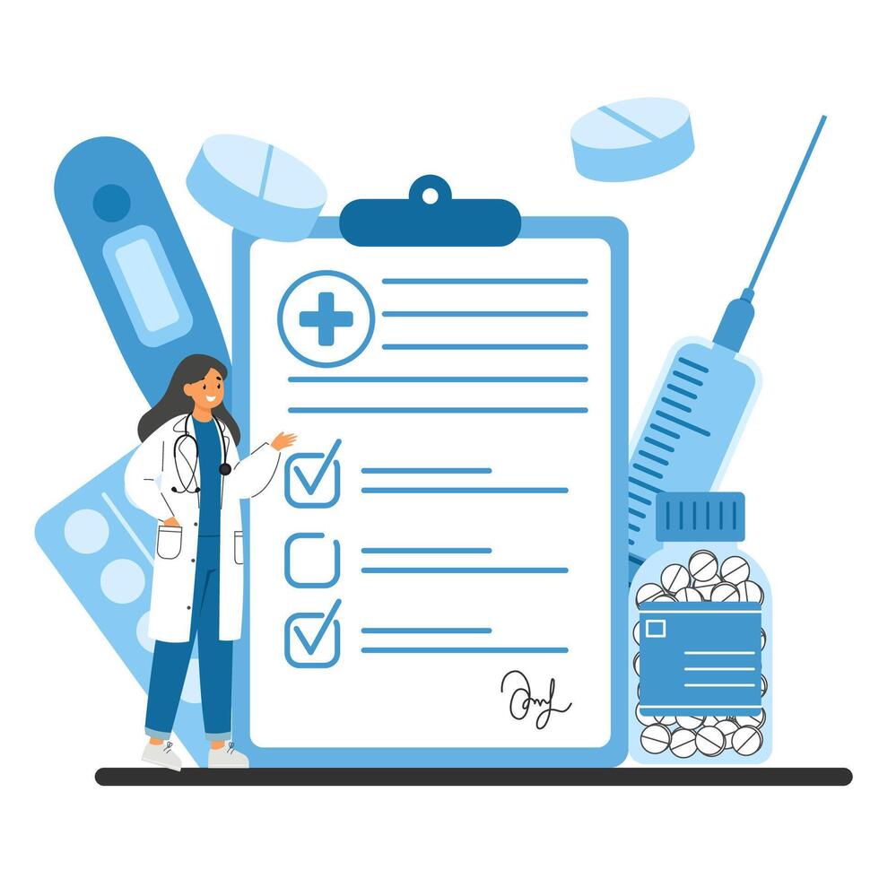 Physician showcasing a prescription clipboard, with tablets and medicine bottles in the background. Online healthcare concept vector
