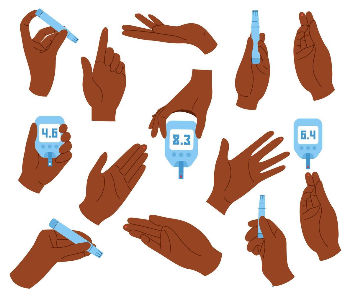 Diabetes check and monitor blood sugar level concept. Set with African American hands for blood glucose level test vector