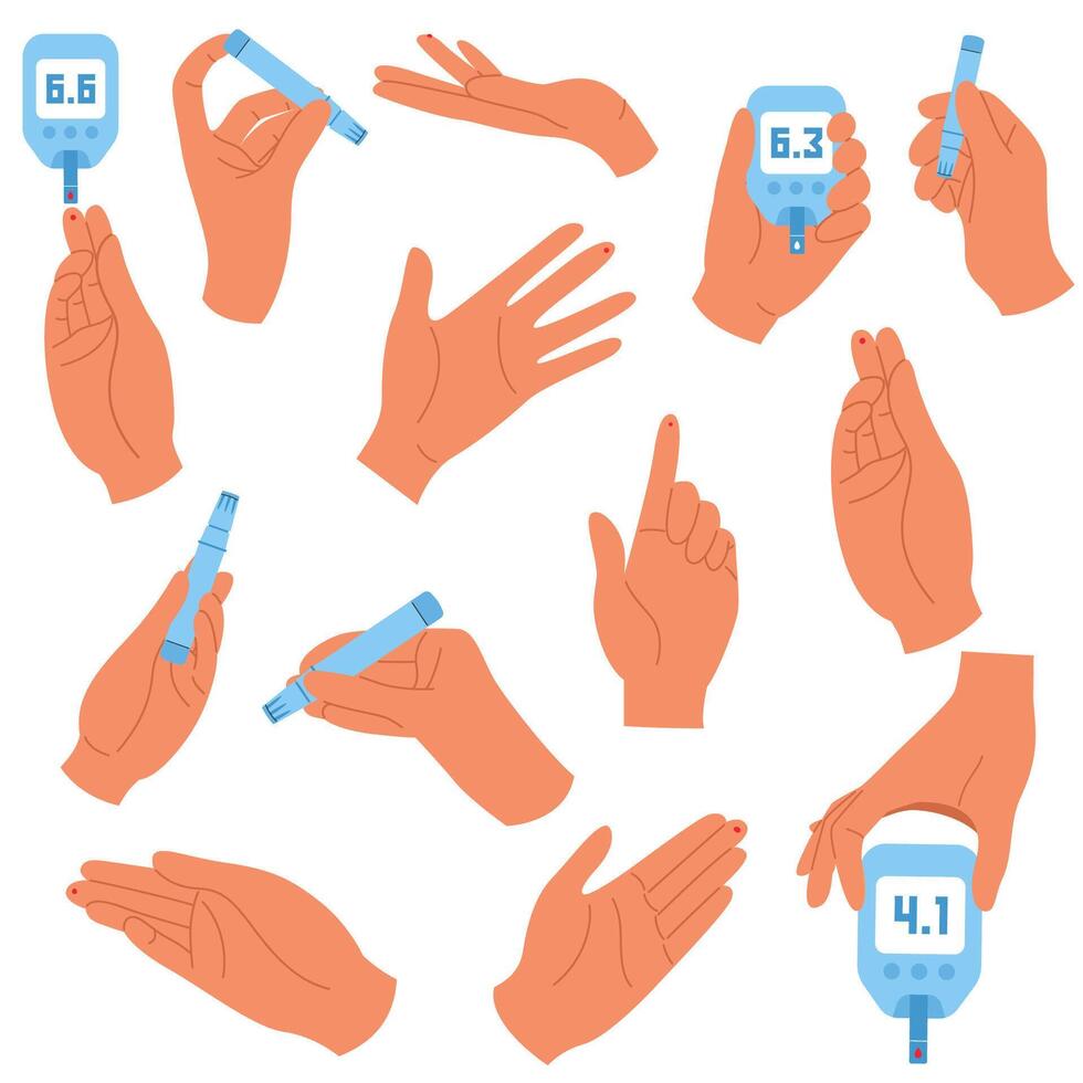 Diabetes controlling concept set with hands. Collection of human hands with puncture, glucometer, insulin pump. Hands hold various diabetes devices vector
