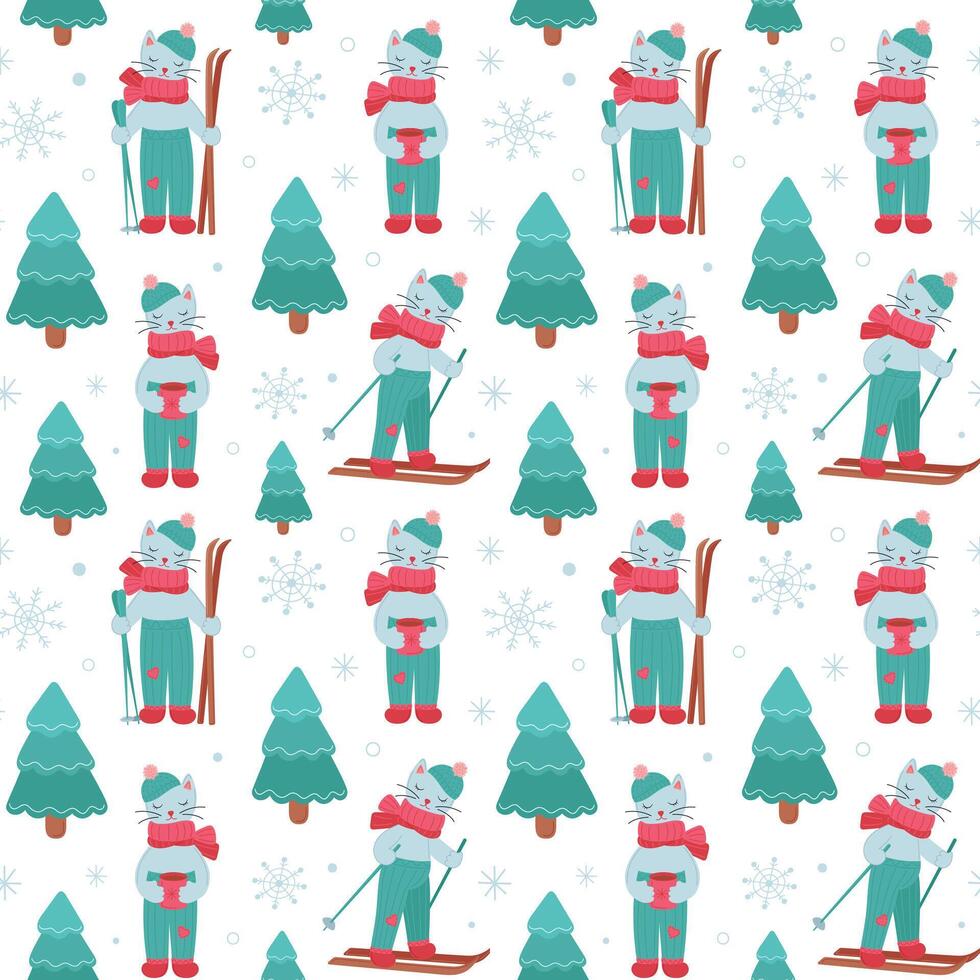 Winter seamless pattern with cute cat on ski. illustration of winter sports for fabric, wrapping paper and other backgrounds. vector