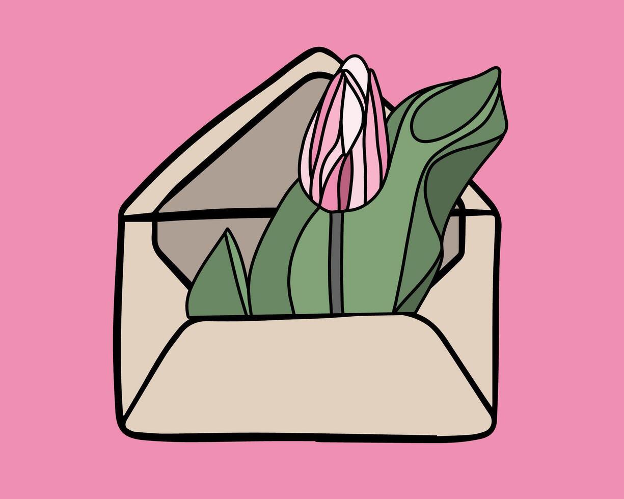 An envelope cradles a pink tulip with lush green leaves, creating a charming display of natures beauty vector