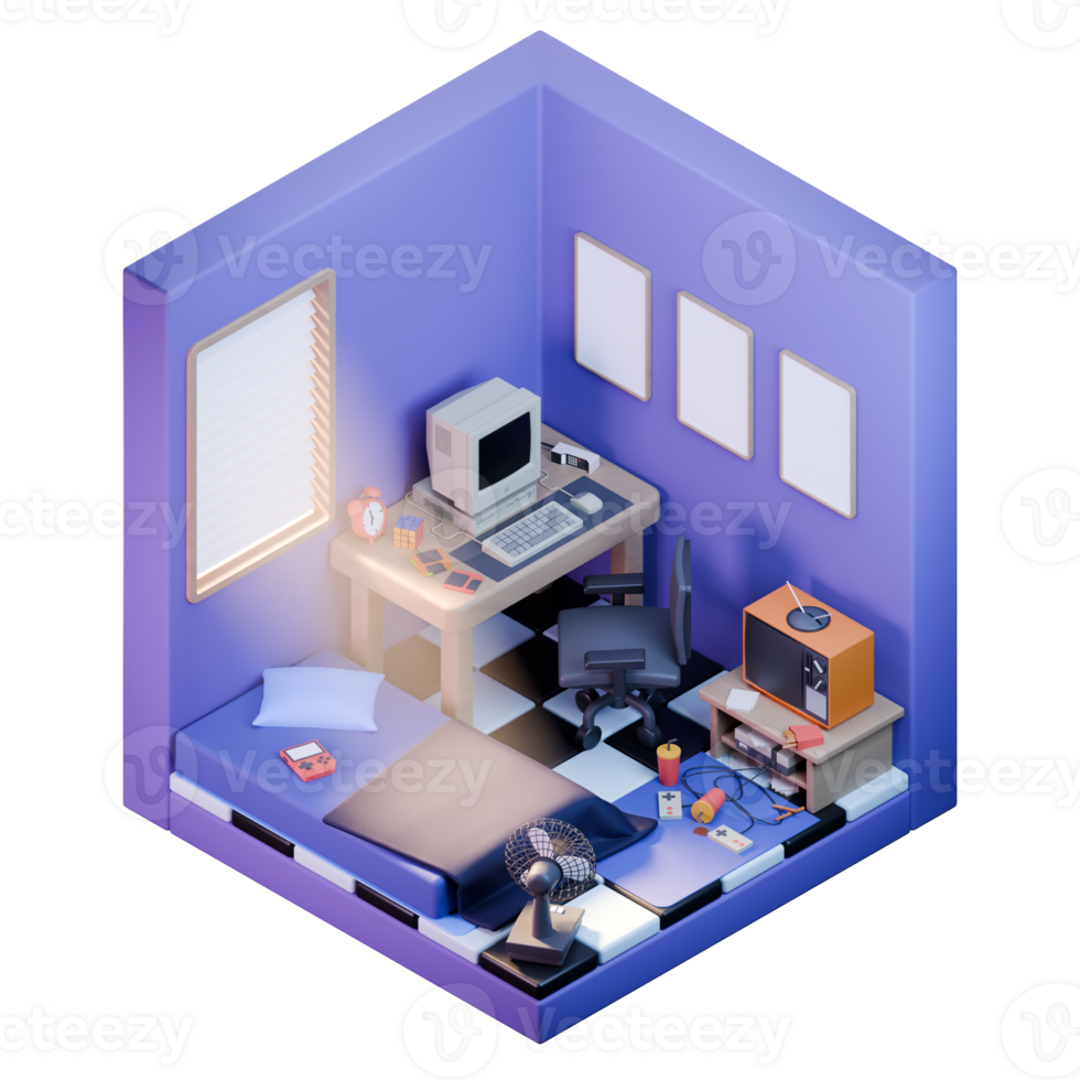 3D Isometric Retro Bedroom Design Decoration png