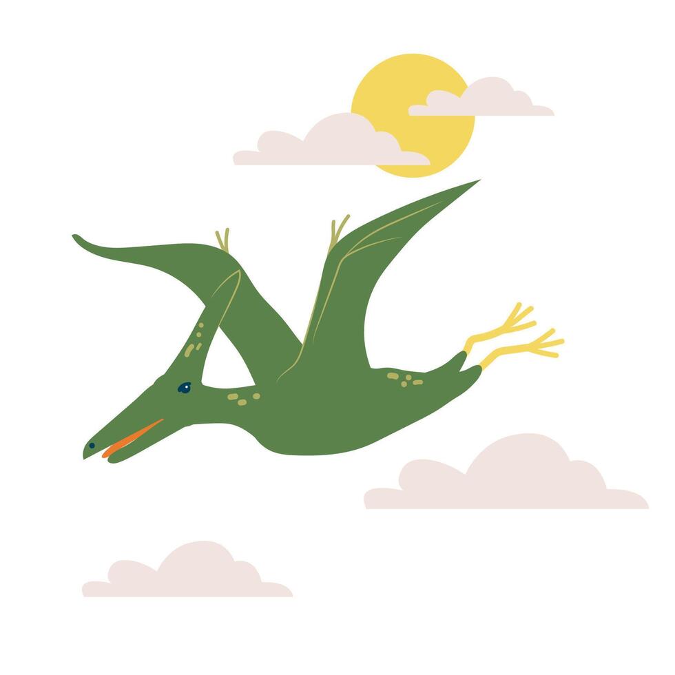 Flying dinosaur Pterodactyl with sun and clouds, t shirt print design, poster, card, party invitation vector