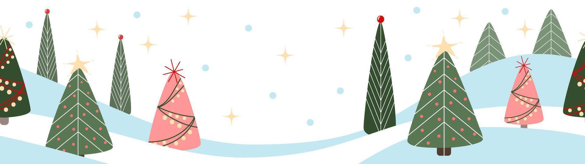 New Year, Christmas, winter season background. Long panoramic horizontal landscape, banner with decorated spruce, fir or noel tree, stars and snow. vector