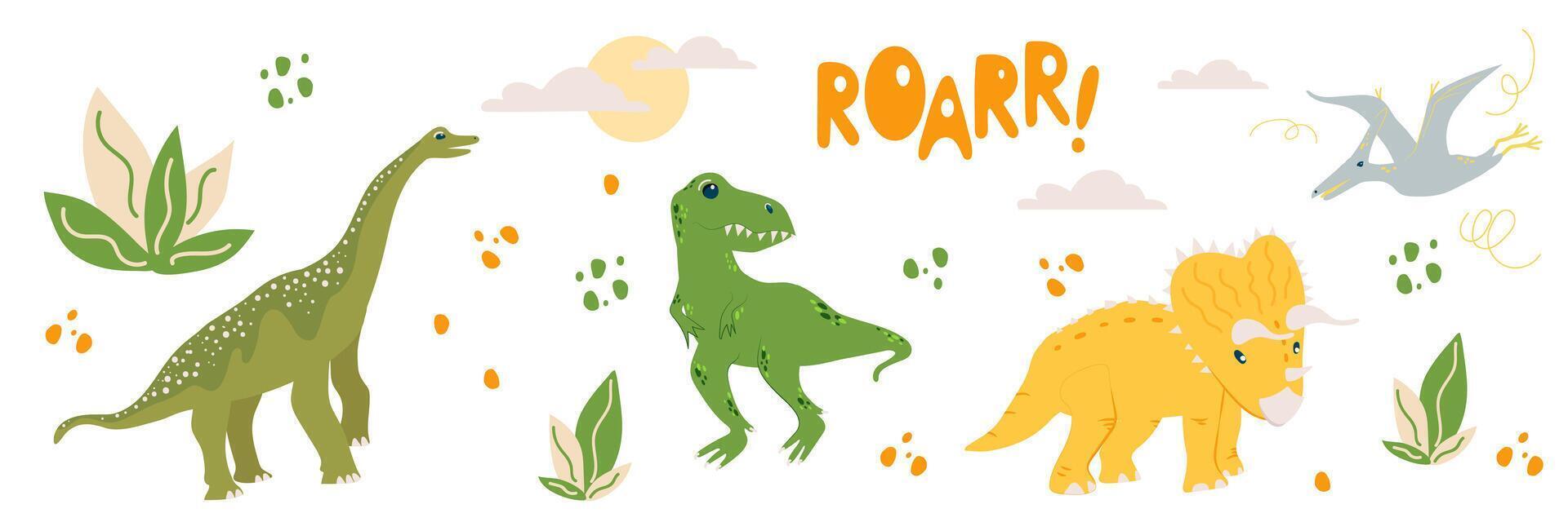 Flying dinosaur Pterodactyl, T-Rex predator and cute herbivores dinos Triceratops, Stegosaur, sun and clouds, ROAR inscription and bushes. vector