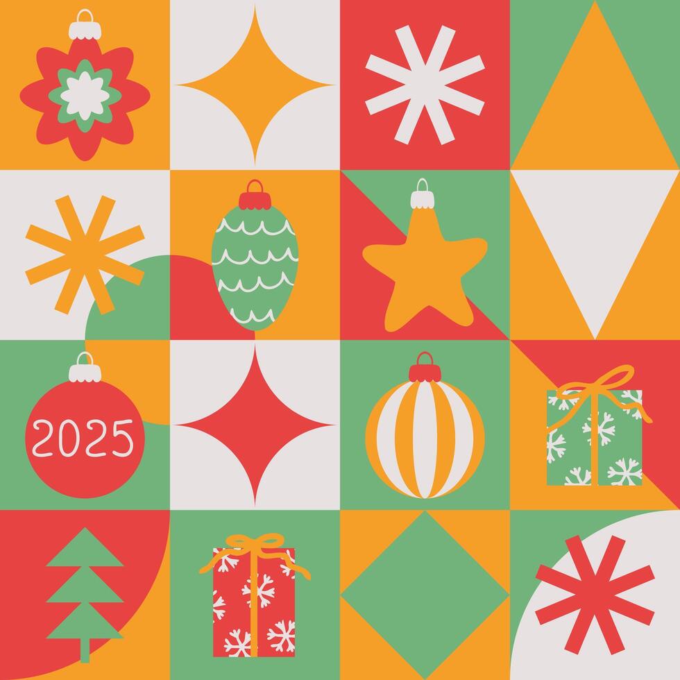 Retro New year 2025 geometric pattern. Christmas background for banner, flyer, label, postcard, sale. Minimal style illustration. vector