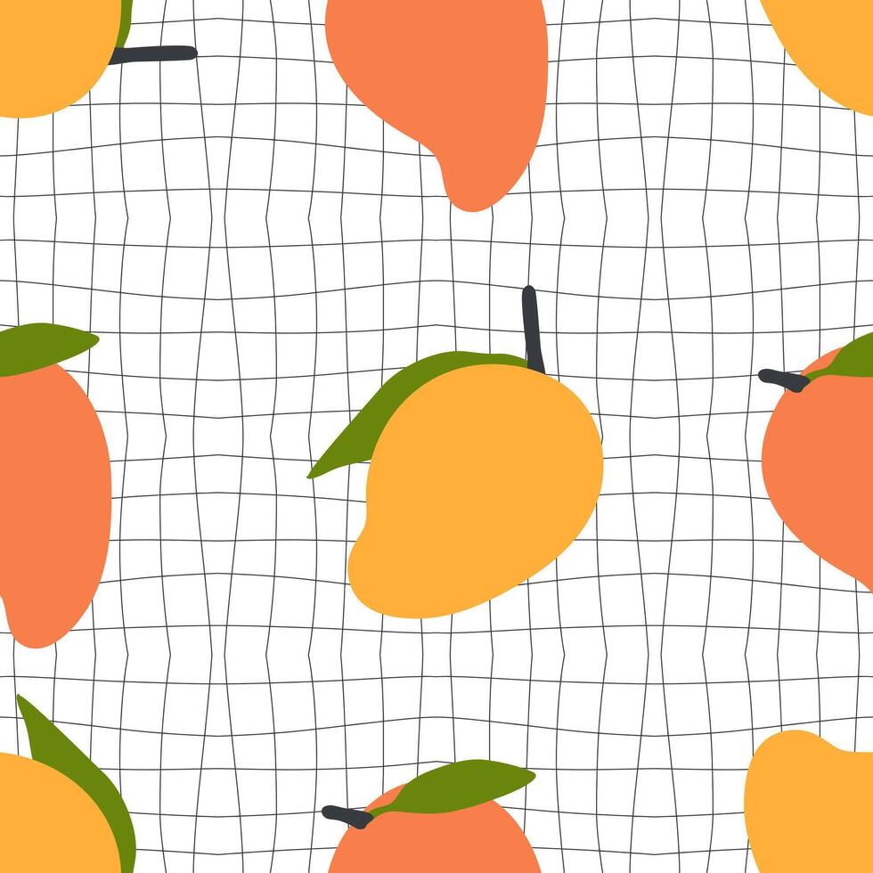 Groovy style mango seamless pattern on grid distorted background. Perfect print for fabric, paper, textile. Hand drawn illustration. vector