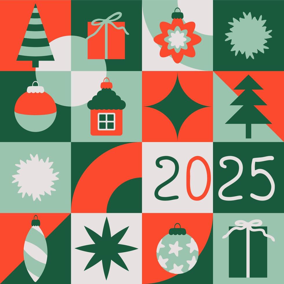 Geometric New Year 2025 ornaments flat pattern. Christmas background for banner, flyer, label, postcard, sale. Simple illustration. vector