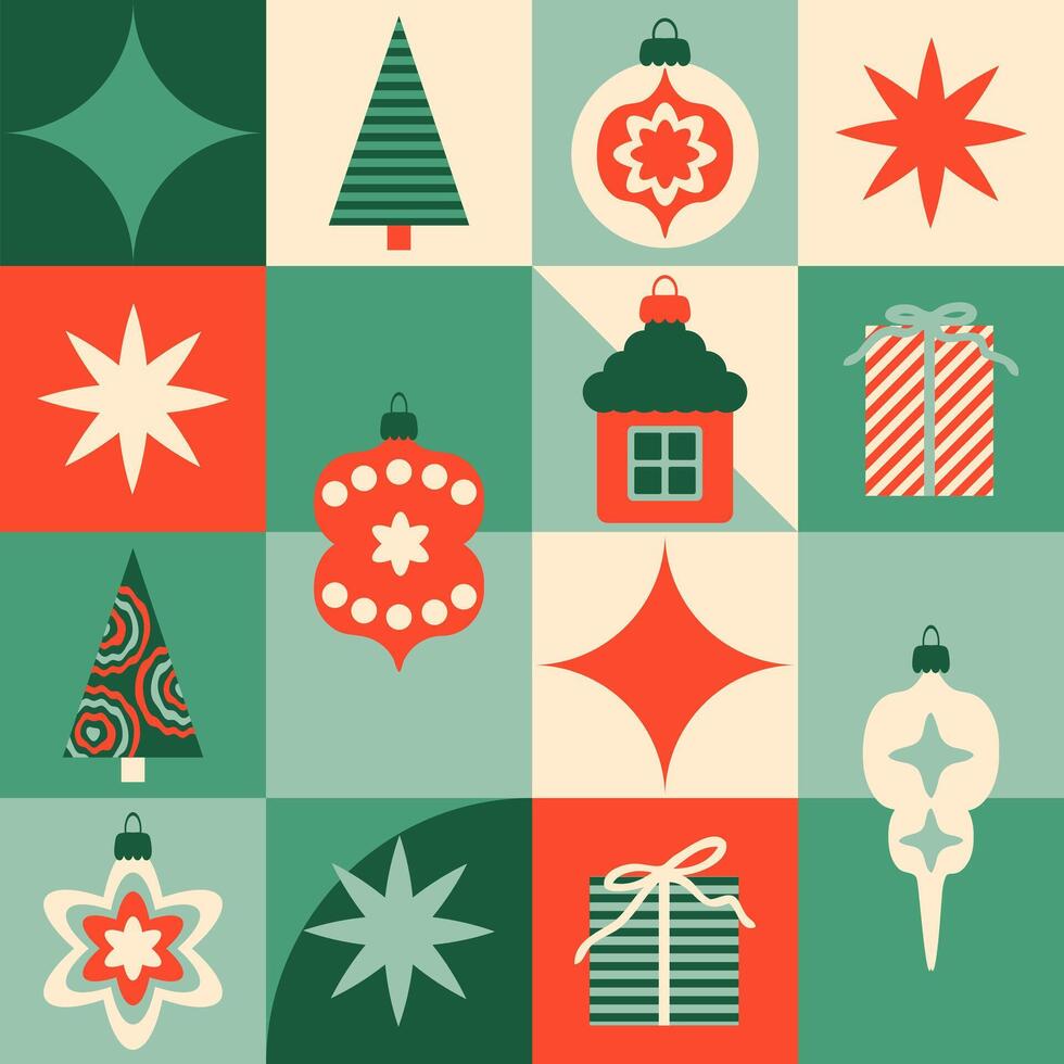 Traditional Christmas ornaments flat geometric pattern. Perfect background for banner, flyer, label, postcard, sale. Retro style illustration. vector