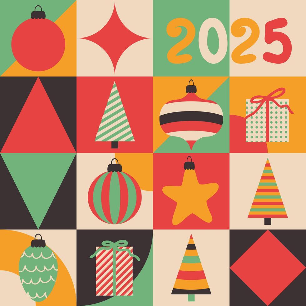 Happy New year 2025 simple modern geometric pattern. Christmas background for banner, flyer, label, postcard, sale. Flat illustration. vector