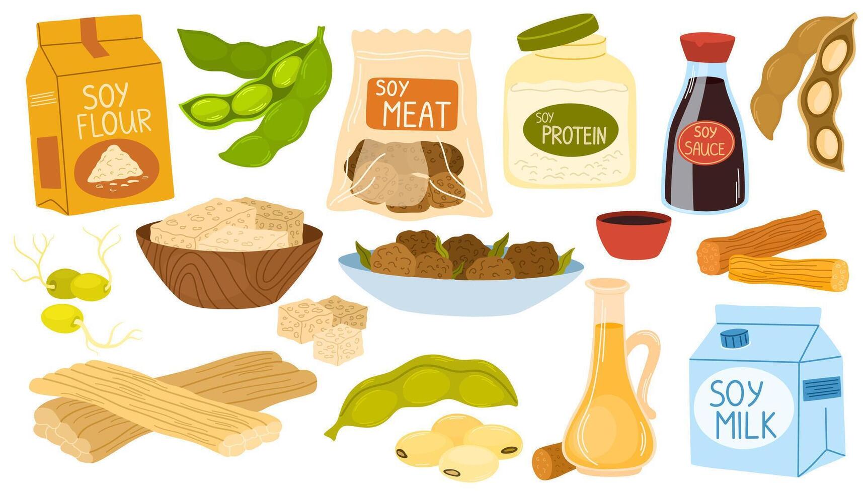 Soy products set. Soya protein food. Tofu, beans, alternative milk, vegetarian meat. Vegan cheese, soybeans, sprouts, asparagus. Flat graphic illustrations isolated on white background vector