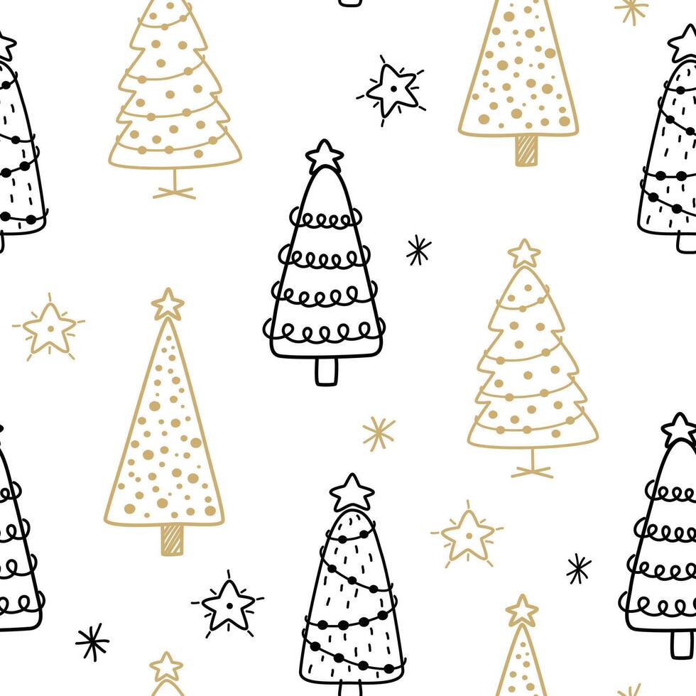 Christmas tree line art pattern. Abstract linear New Year Seamless Pattern. Abstract doodle drawing woods. Hand draw illustration isolated vector