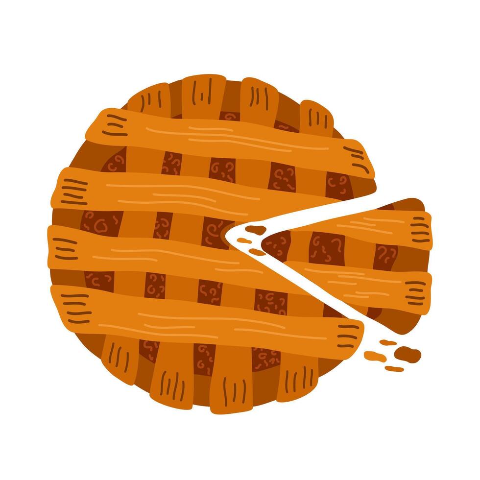 Pie top view. Cooked tasty round food pastry pie dessert exact. Bakery, pastry, food, restaurant, menu concept. Flat illustration isolated on white background vector