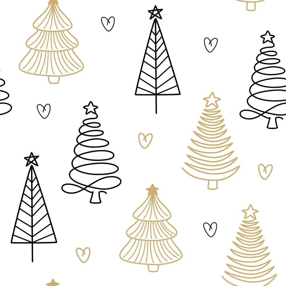 Christmas tree line art pattern. Abstract linear New Year Seamless Pattern. Abstract doodle drawing woods. Hand draw illustration isolated vector