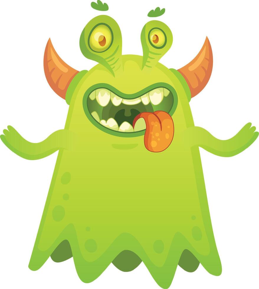 Green cartoon monster with horns sticking its tongue out, showing teeth and arms spread out, looking hungry, slimy and scary vector
