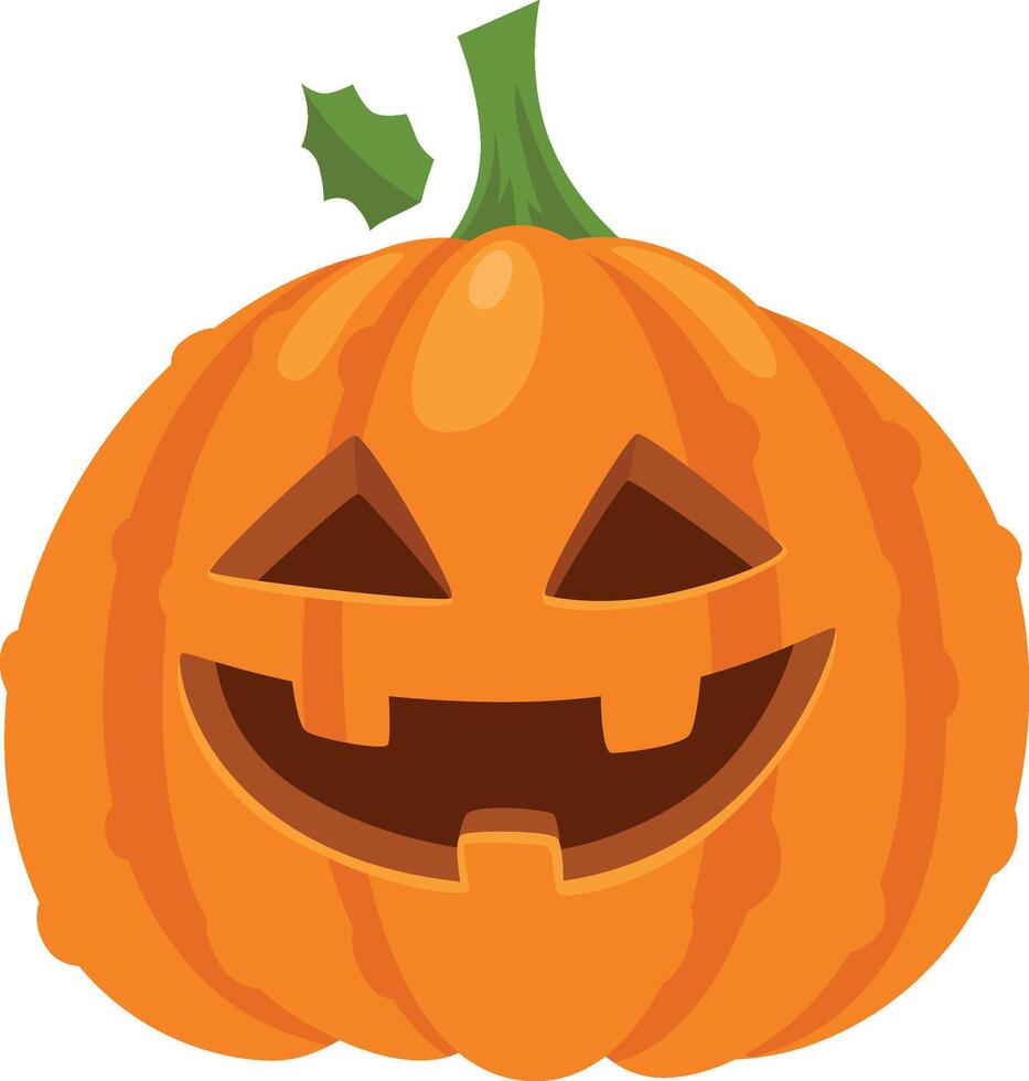 Festive halloween pumpkin showing a cheerful carved face, featuring triangular eyes and a wide, toothy grin, complete with a green stem and leaf vector