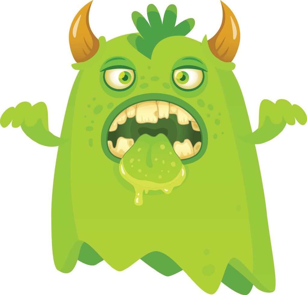 Spooky and funny ghost monster with green skin, sticking its tongue out, revealing sharp teeth and an open mouth, creating a playful yet eerie halloween vibe vector