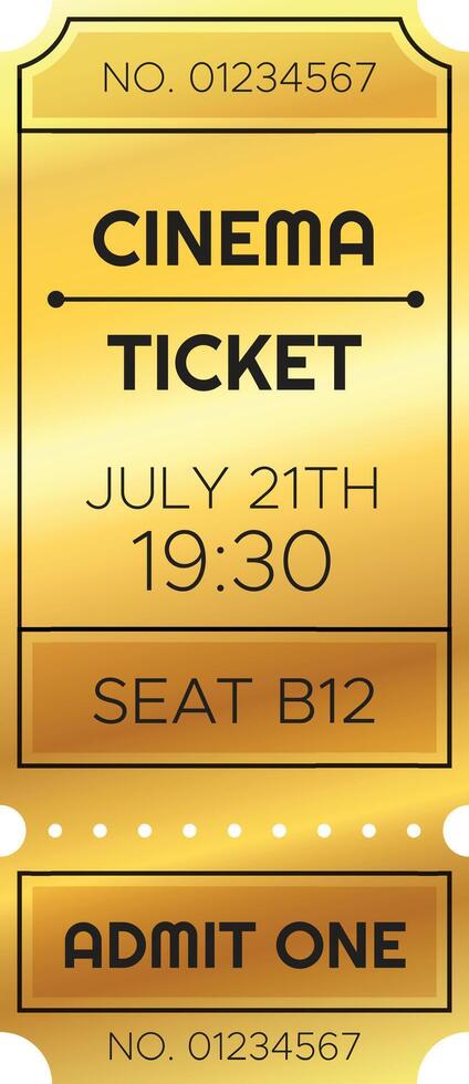 Golden cinema ticket for a movie showing on july 21th at 19,30, seat b12, admitting one person, with ticket number 01234567 vector
