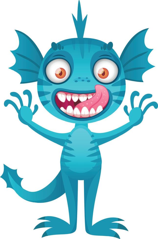 Whimsical, colorful cartoon of a funny blue monster sticking out its tongue and raising its hands cheerfully. Perfect for adding humor to any project vector