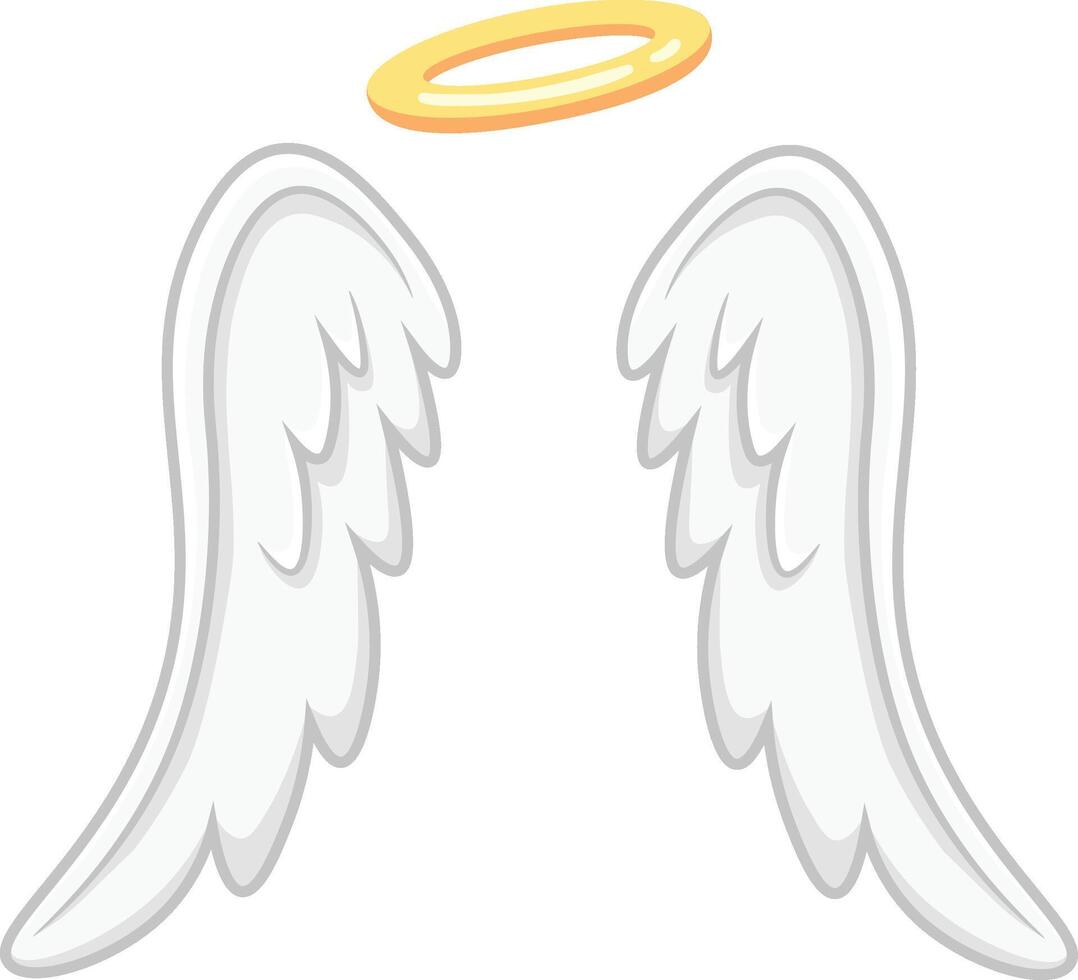 Cartoon illustration of white feathered angel wings with golden halo hovering above, representing purity, spirituality, and divine presence vector