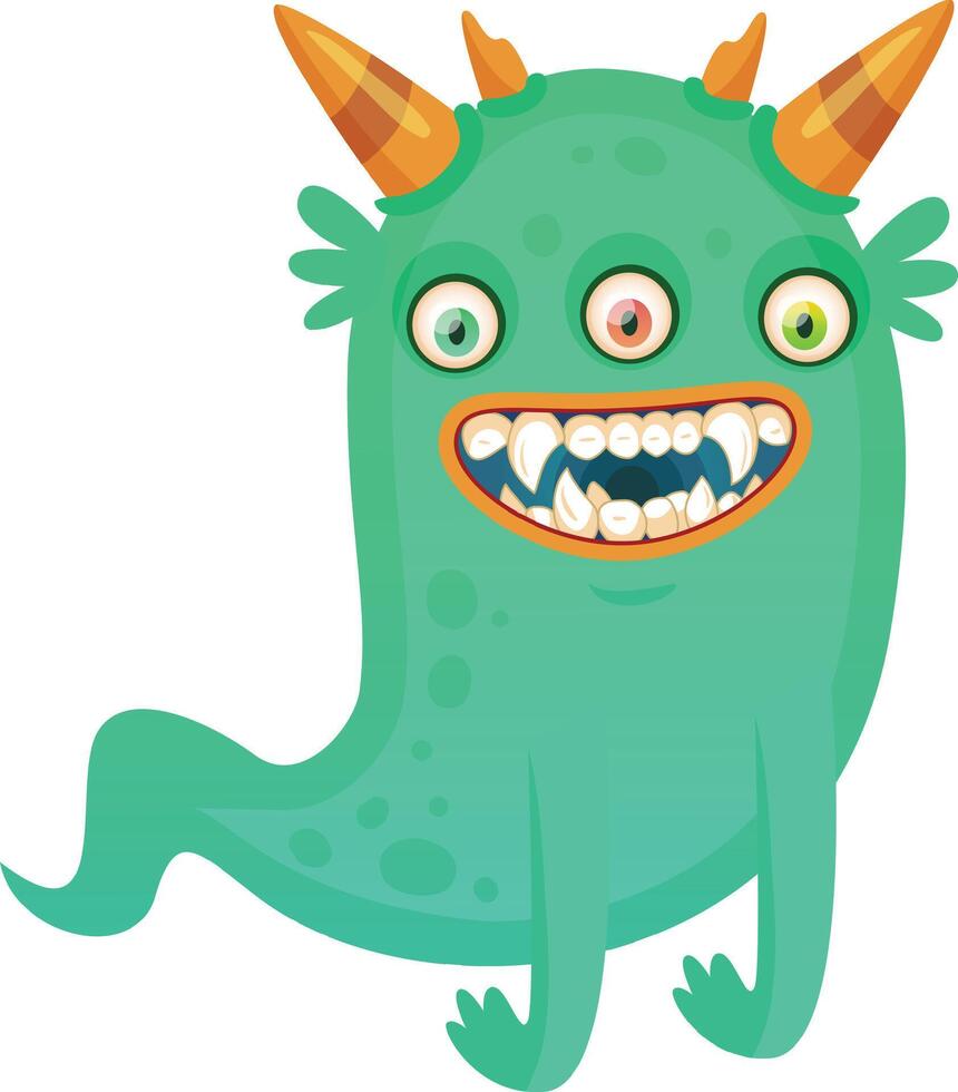 Cartoon illustration of a funny green three eyed monster smiling and showing its teeth, ideal for children's illustrations, halloween designs, or any project that needs a touch of whimsy vector