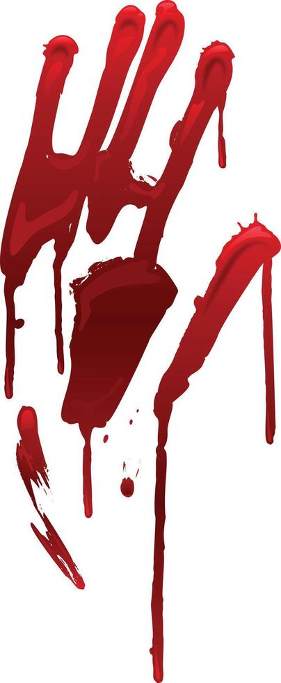 Dripping blood forming a bloody hand print on a white background, creating a disturbing and eerie image of violence, injury, or a scary halloween decoration vector