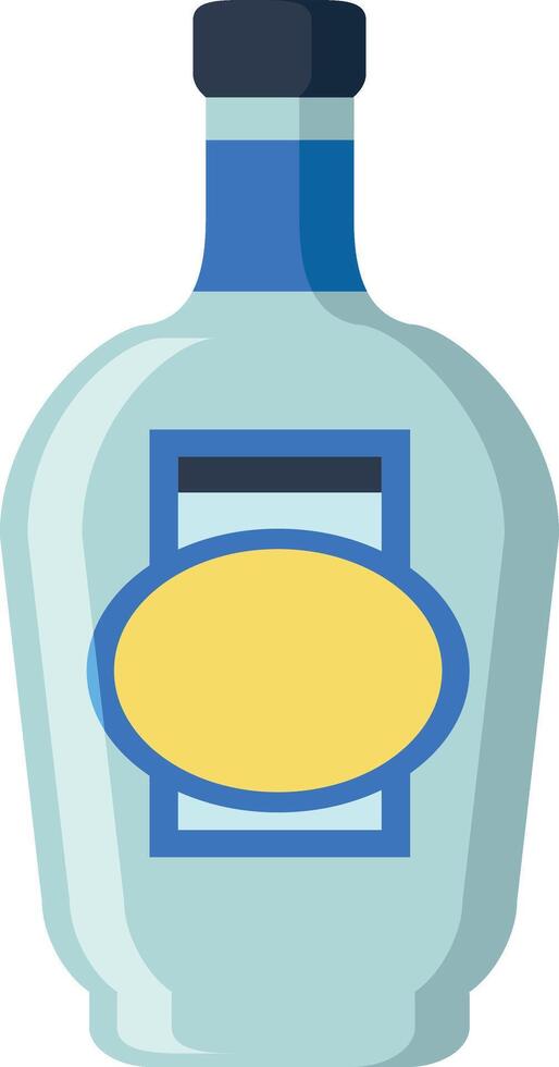 Light blue glass bottle containing liquor, featuring a generic yellow and blue label and sealed with a dark blue cap, presented against a white backdrop vector