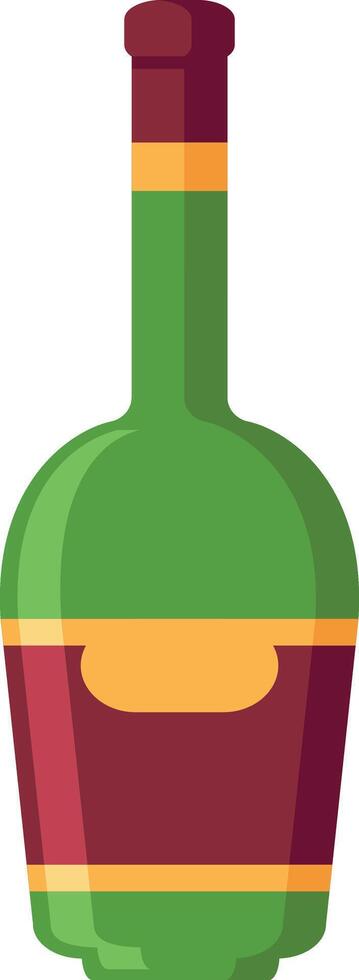 Stylized illustration featuring a green glass wine bottle with a prominent red label and a burgundy colored neck, creating a visually appealing representation of a classic wine bottle design vector