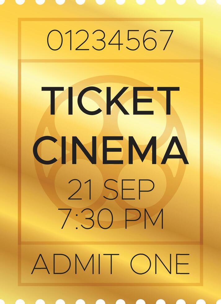 Golden cinema ticket for a movie screening on september 21st at 7,30 pm, featuring a film reel design and the text admit one vector