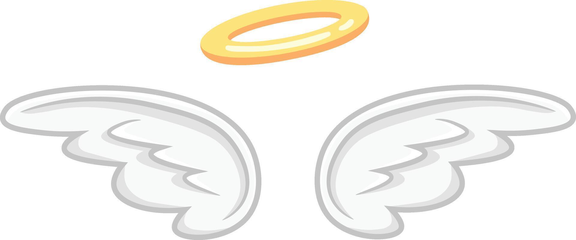 Cartoon drawing of white feathered angel wings and golden halo floating on a white background, representing purity, innocence, and spirituality vector