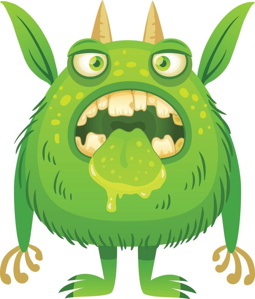 Funny cartoon green monster sticking out its tongue with saliva dripping, featuring horns, claws, and green fur, ideal for children's illustrations, halloween designs, or fantasy projects vector