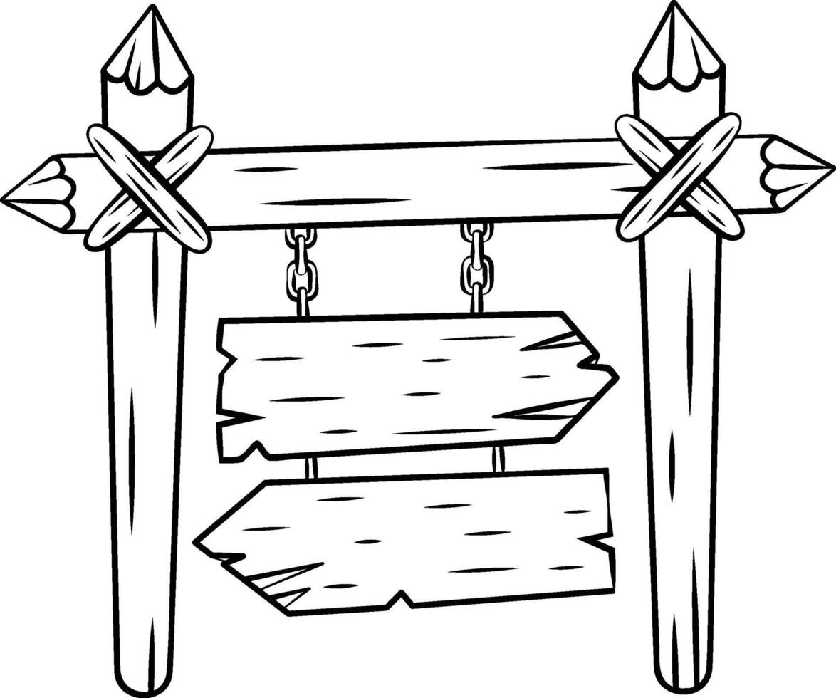 Wooden signpost with hanging signs and pencil shaped posts tied with rope, creating a rustic and whimsical design, perfect for adding a touch of charm to any project vector