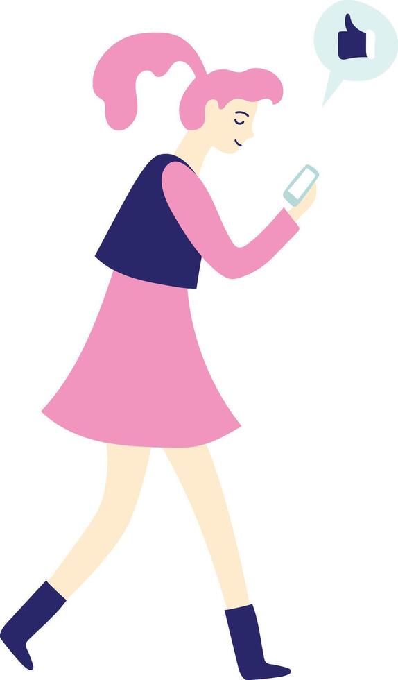 Stylish young woman with pink hair is walking and using her mobile phone, with a like notification appearing above, representing social media approval and engagement vector
