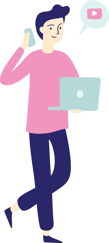 Young man working remotely, using his laptop and smartphone, thinking about a platform, full length portrait on white background vector