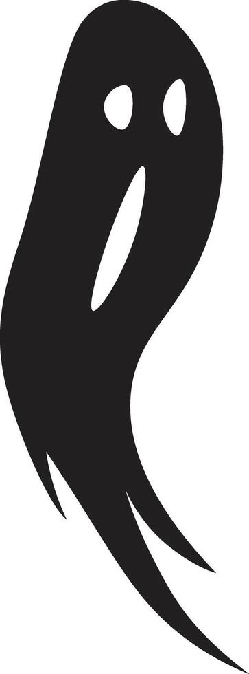 Minimalist illustration of a floating black ghost with oval eyes and mouth and a long waving bottom, ideal for halloween projects vector