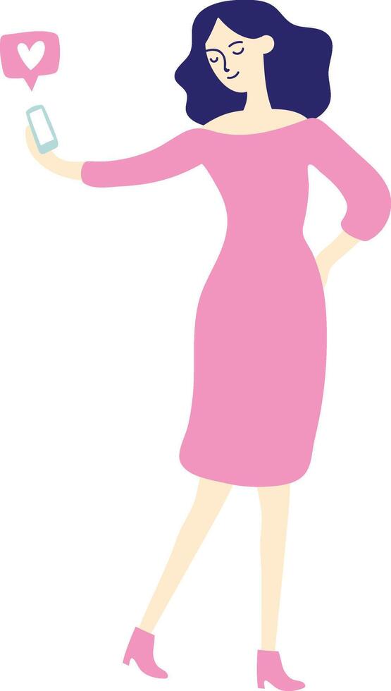 Stylish influencer takes a selfie, a heart icon floating above her phone, symbolizing online affection and engagement vector