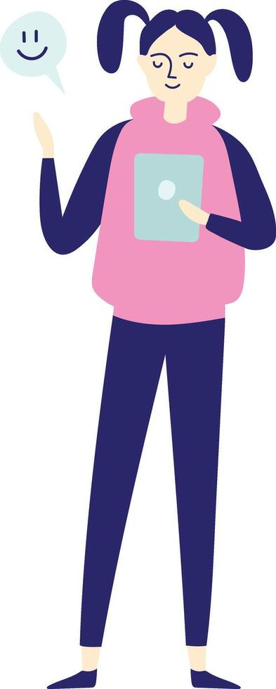 Young woman is holding tablet and gesturing with her hand while positive emoji is appearing in speech bubble, expressing satisfaction with online communication vector