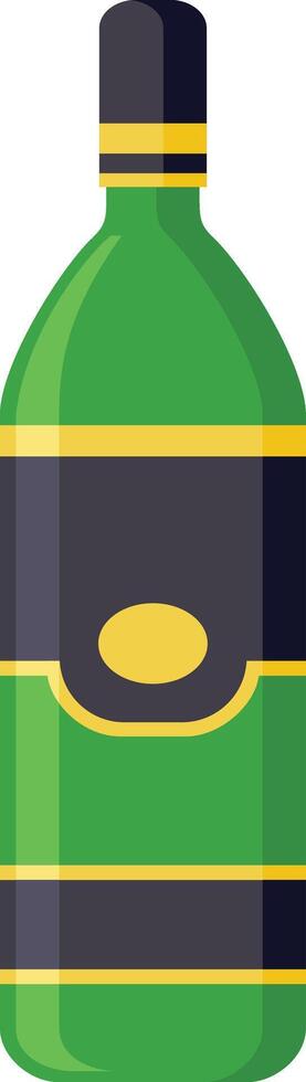 Close up of a green wine bottle featuring a prominent black label with gold trim and a central gold circle, conveying elegance and sophistication vector