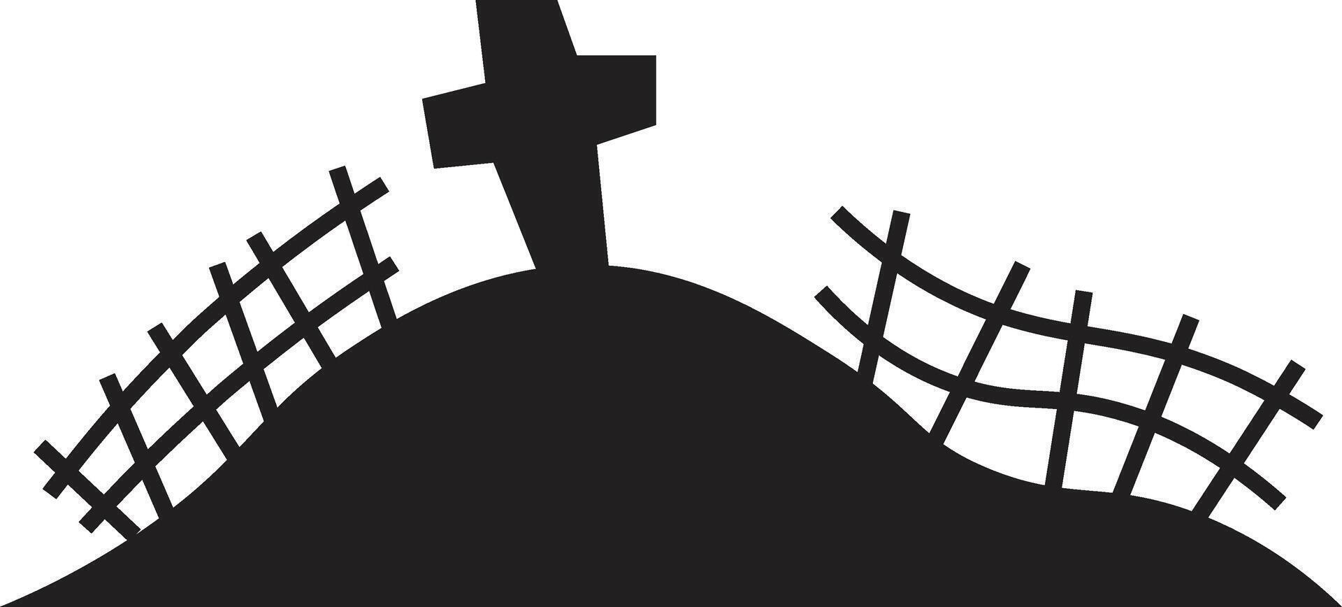 Black silhouette of a graveyard with a cross tombstone and broken fences rising on a hill against a white background, creating a spooky and eerie atmosphere perfect for halloween projects vector