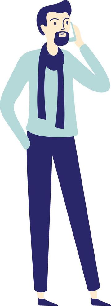 Full length illustration of a bearded man wearing a scarf, standing with one hand in his pocket and the other holding a phone to his ear, engaged in a conversation vector