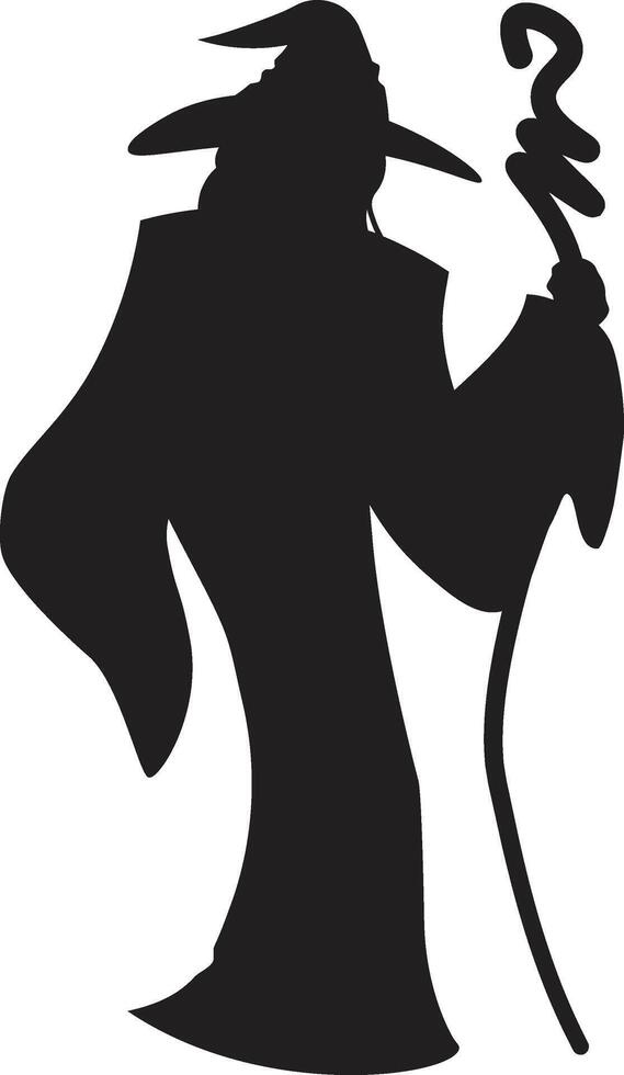 Black silhouette of a wizard wearing a long robe and pointy hat, holding a magic staff with a spiral top, conveying a sense of mystery and power vector