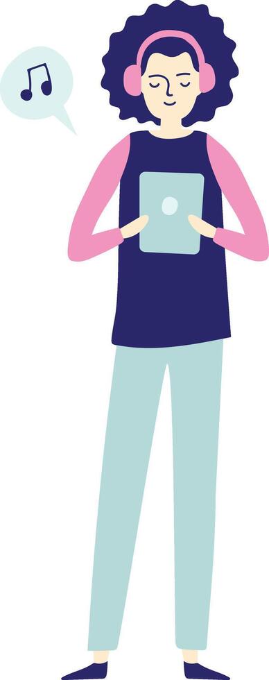 Young girl happily listens to music on a tablet with headphones, embodying a modern, trendy lifestyle vector